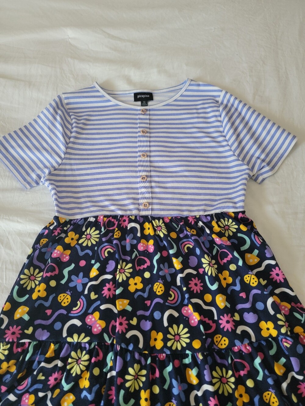 Girls' Blue Stripe & Floral Tiered Dress